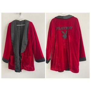 Playboy Red Velvet Smoking Jacket Robe Mens OSFM Embroidered Logo Heavyweight